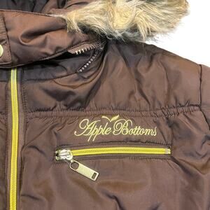 Vintage Apple Bottom Womens 2xl Puffer Brown Jacket Fur Hoodie Logo Gold Y2K